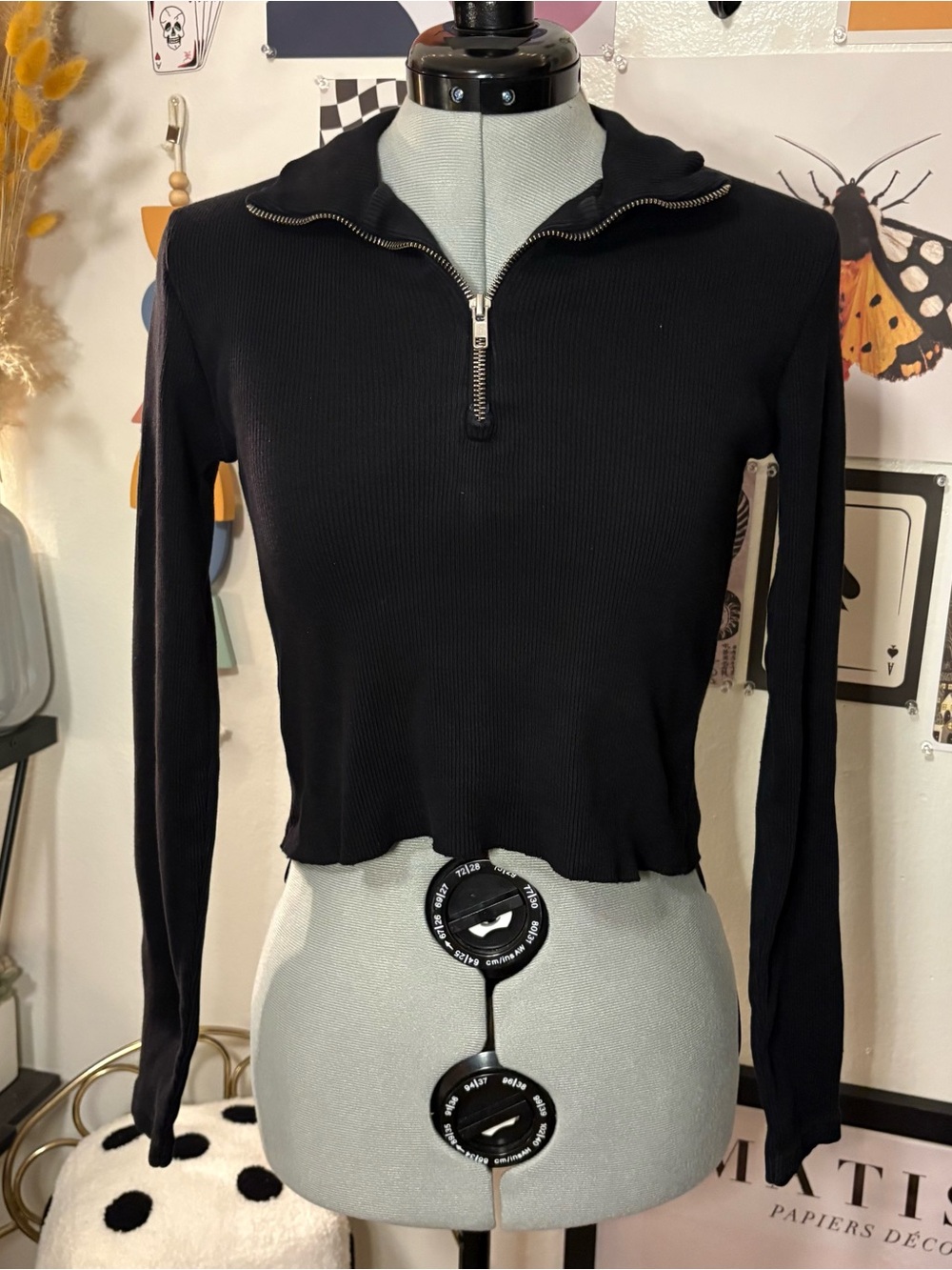 John Galt Black Ribbed Quarter Zip Long Sleeve Top Small